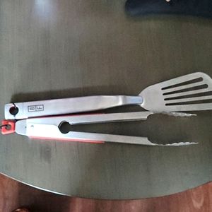 Bobby Flay barbecue tools:  spatula and tongs.  OS. Silver and red color.